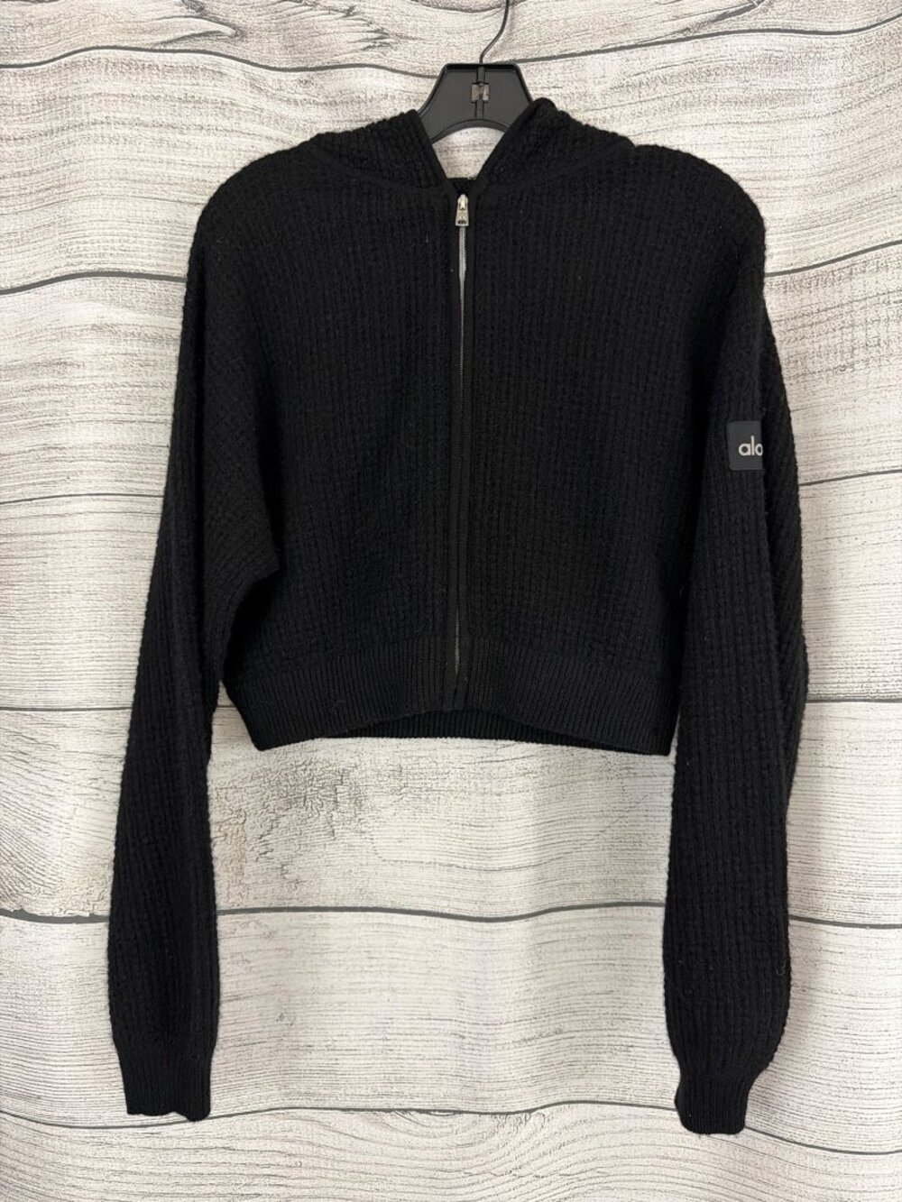 Alo Black Cashmere Plush Waffle Full Zip Hoodie